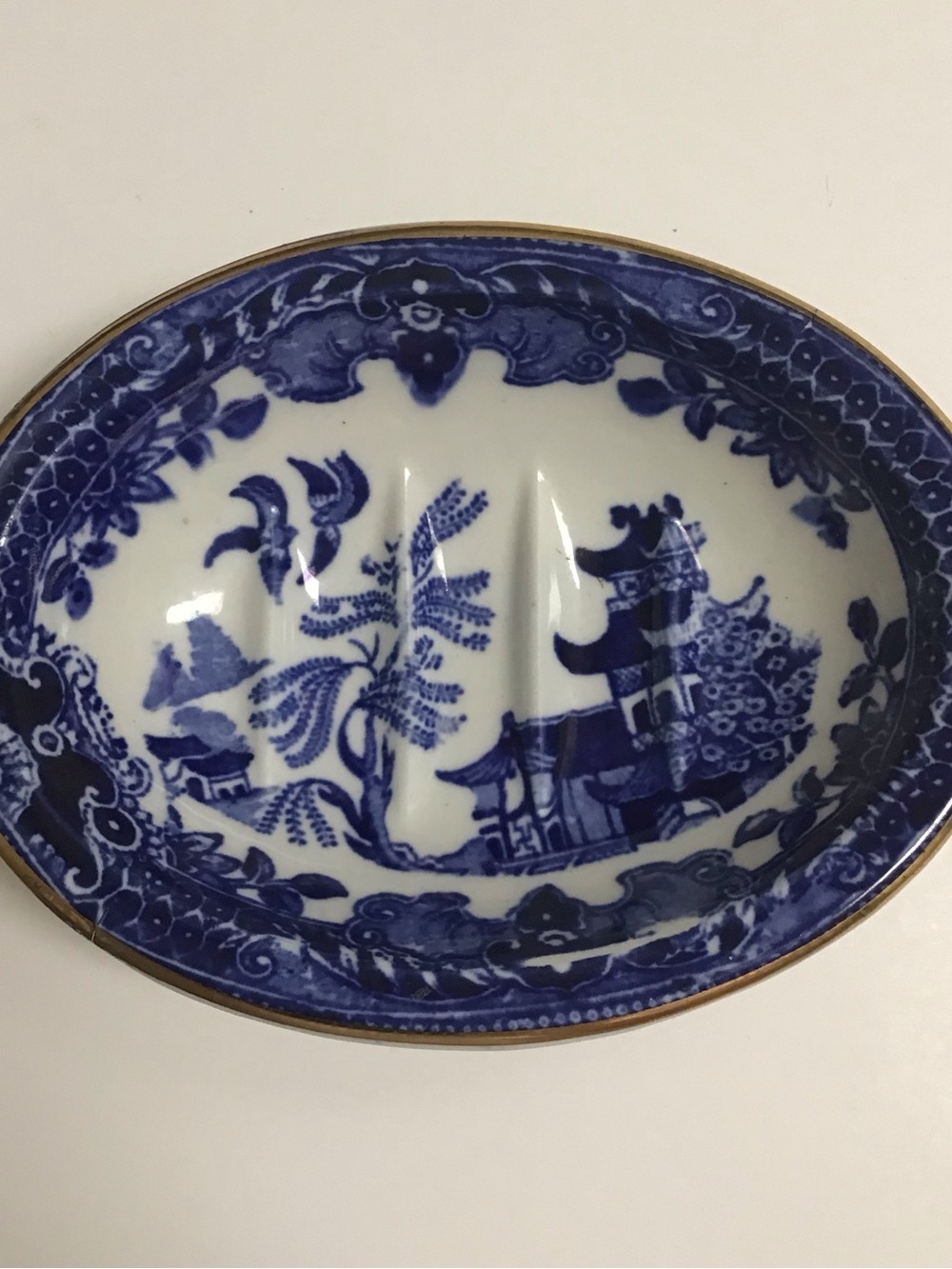 Blue Willow Antique 1920's England Burleigh Ware Oval Soap Dish Ridges Gold Rim - Picture 11 of 14